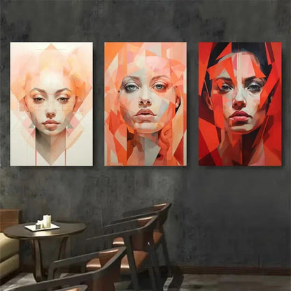 3pcs Portrait Vibrant Red and Orange Tones Metal Print Ready to Hang Art