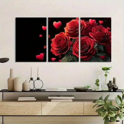 3pcs Red Roses Bouquet with Hearts Floral Painting Metal Print Ready to Hang Art