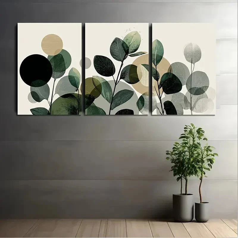 3pcs Green Leaves And Plants With Circles Wall Art Set Canvas Framed 40x60cm - High Quality Print 100% Australian Made Wall Canvas Ready to Hang