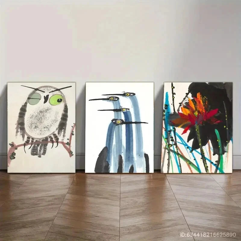 3pcs One- Eyed Owl Antique Crane Watercolor Paint Metal Print Ready to Hang Art