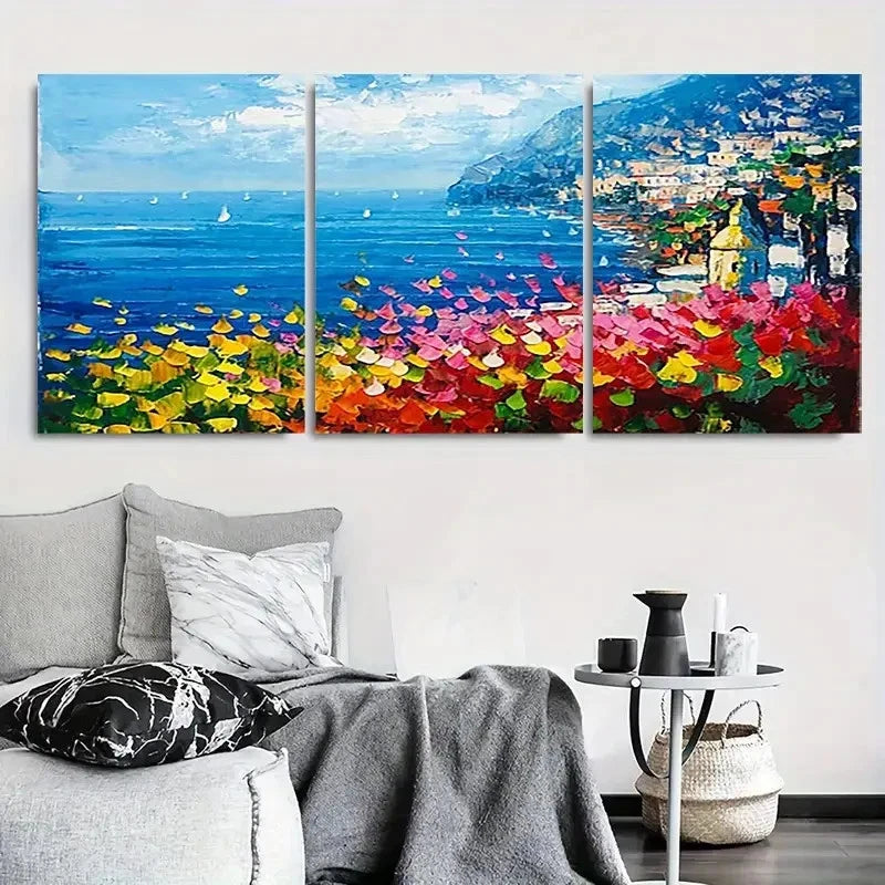 3pcs Vibrant Flower Field and Mediterranean Wall Art Set Canvas Framed 40x60cm - High Quality Print 100% Australian Made Wall Canvas Ready to Hang