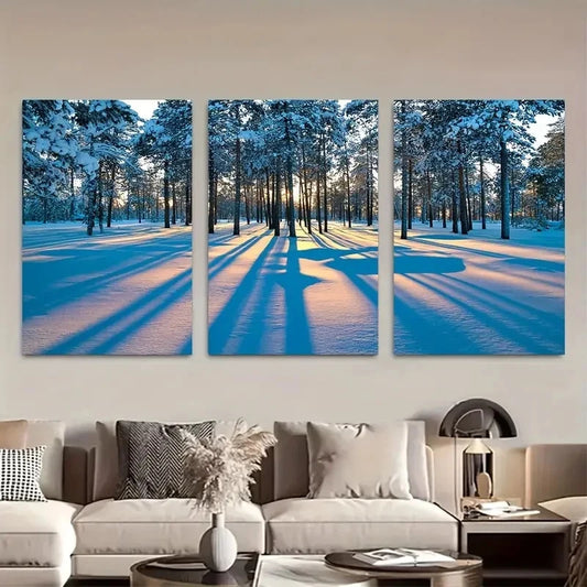 3pcs Winter Sunset in Forest Metal Print Ready to Hang Art