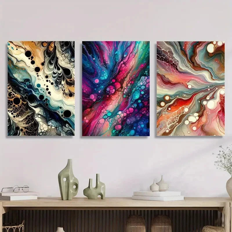 3pcs Abstract Gradient Bubble Fluid Metal Print Ready to Hang Art