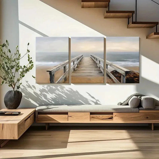 3pcs Wooden Dock Ocean Waves Coastal Landscape Metal Print Ready to Hang Art