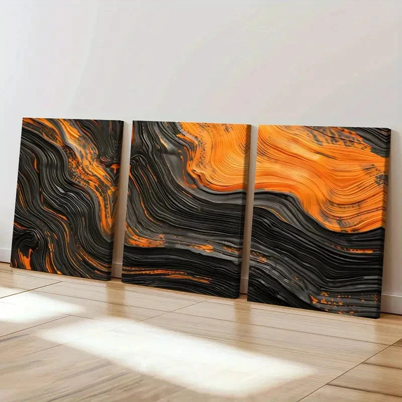 3pcs Abstract Art Orange Black Waves Art Wall Art Set Canvas Framed 60x90cm - High Quality Print 100% Australian Made Wall Canvas Ready to Hang