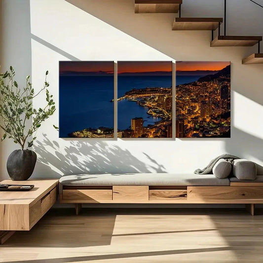 3pcs City Scenery Night Scene Coastline  Wall Art Set Canvas Framed 60x90cm - High Quality Print 100% Australian Made Wall Canvas Ready to Hang