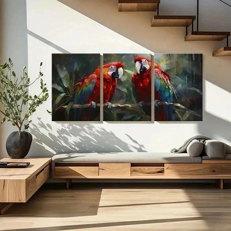 3pcs Red Macaw Birds In The Rainforest Wall Art Set Canvas Framed 40x60cm - High Quality Print 100% Australian Made Wall Canvas Ready to Hang