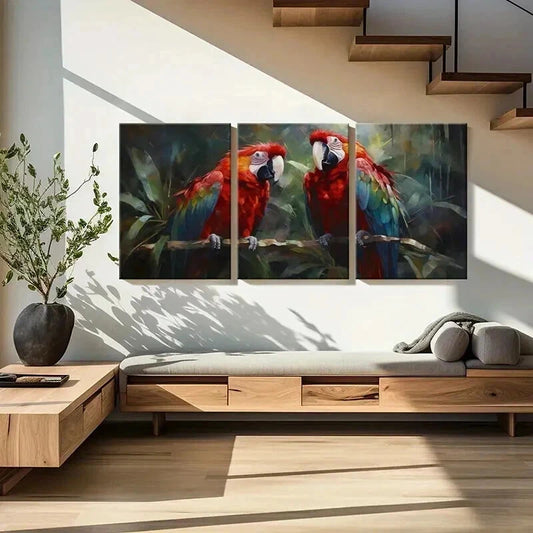 3pcs Red Macaw Birds In The Rainforest Wall Art Set Canvas Framed 40x60cm - High Quality Print 100% Australian Made Wall Canvas Ready to Hang