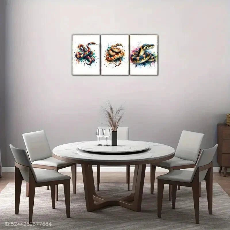 3pcs Snake Watercolor Splash Art Vibrant Colors Metal Print Ready to Hang Art
