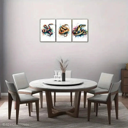 3pcs Snake Watercolor Splash Art Vibrant Colors Metal Print Ready to Hang Art