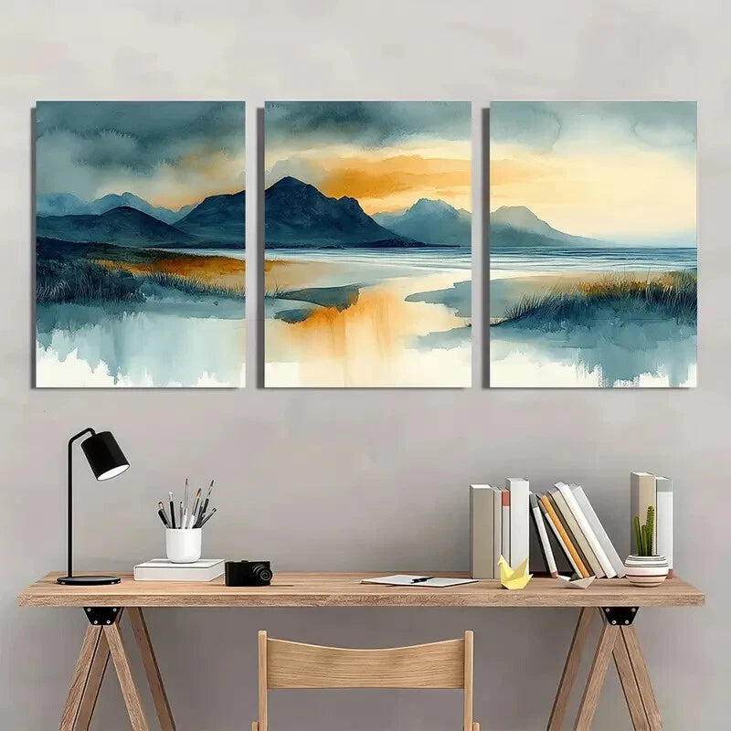 3pcs Abstract Landscape with Mountains Watercolor Metal Print Ready to Hang Art