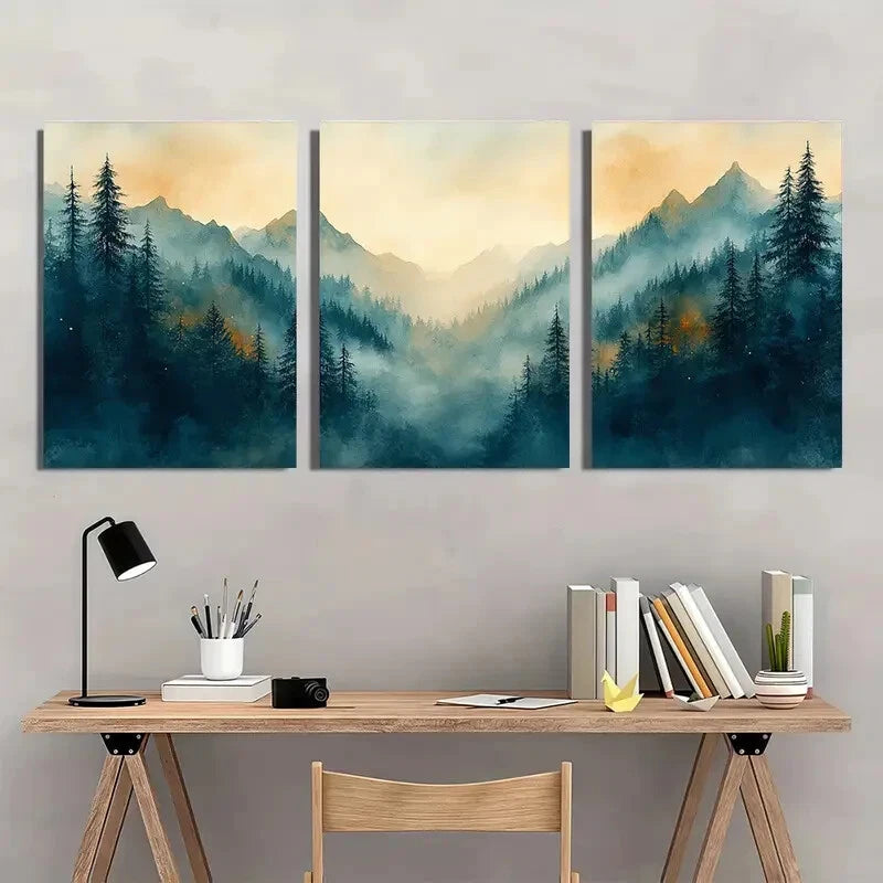 3pcs Abstract Forest Evergreen Trees Landscape Metal Print Ready to Hang Art