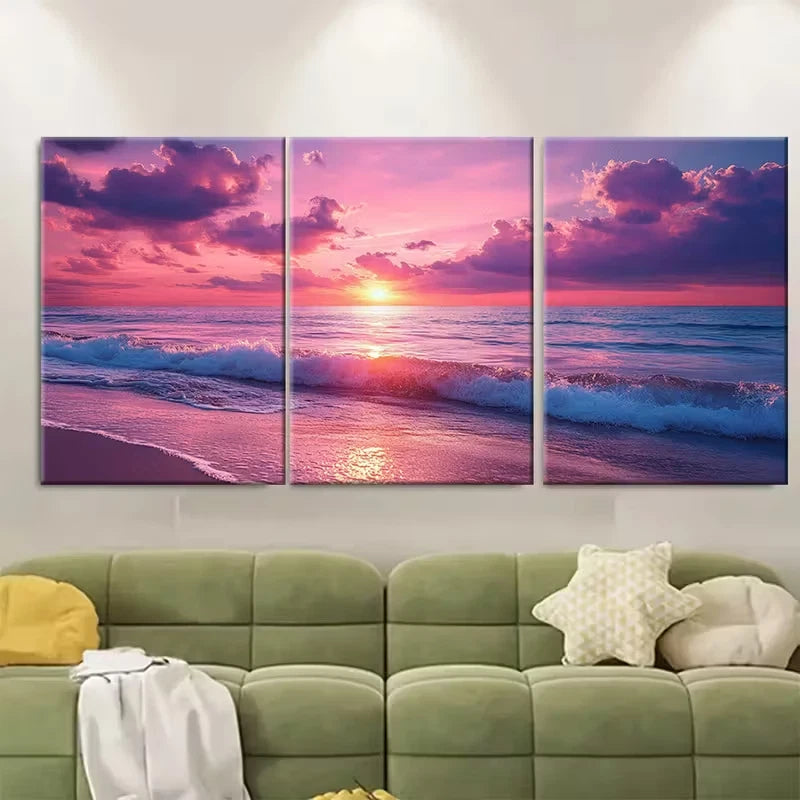 3pcs Mediterranean Beach Calming Pink Sunset Metal Print Ready to Hang Art
