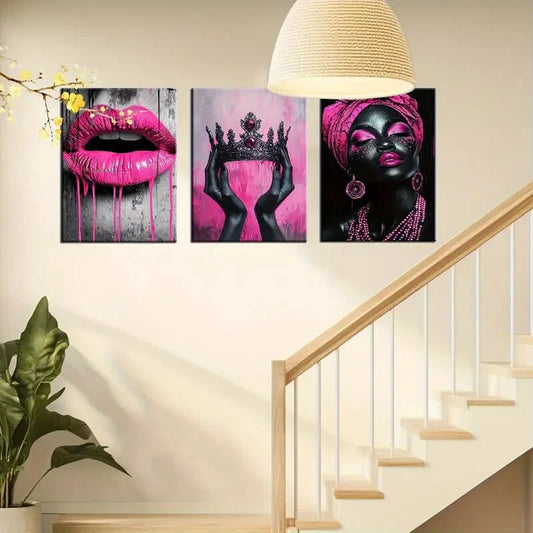 3pcs Black Queen Vivid Pink Crown And Lips Canvas Metal Print Ready to Hang Art