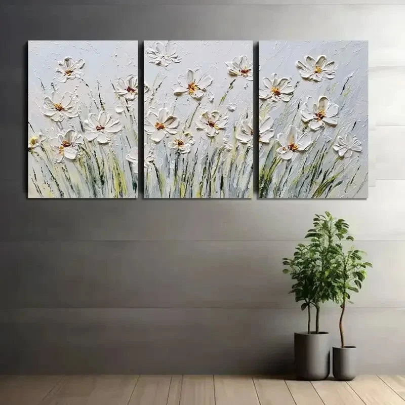 3pcs Vintage Daisy in Grass White Background Metal Print Ready to Hang Art
