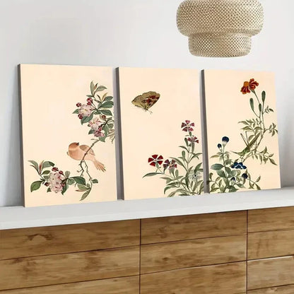 3pcs Vintage Flowers Birds Florals Green Leaves Wall Art Canvas Unframed - High Quality Print 100% Australian Made Wall Canvas