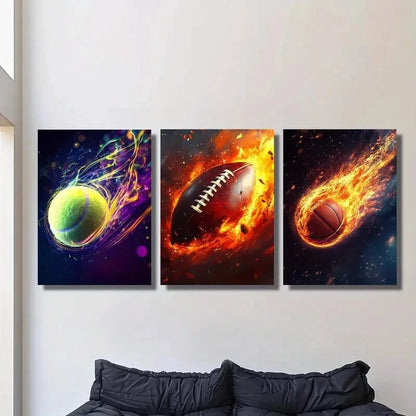 3pcs Tennis, rugby, basketball, simple art Metal Print Ready to Hang Art