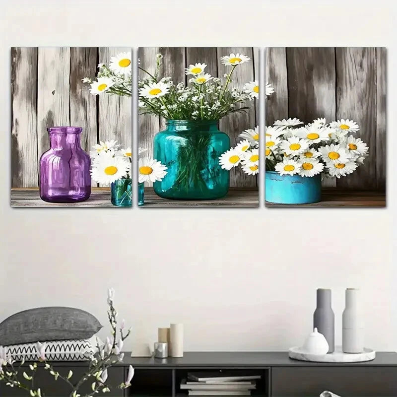 3pcs Vibrant Daisy & Sunflower Arrangements Metal Print Ready to Hang Art