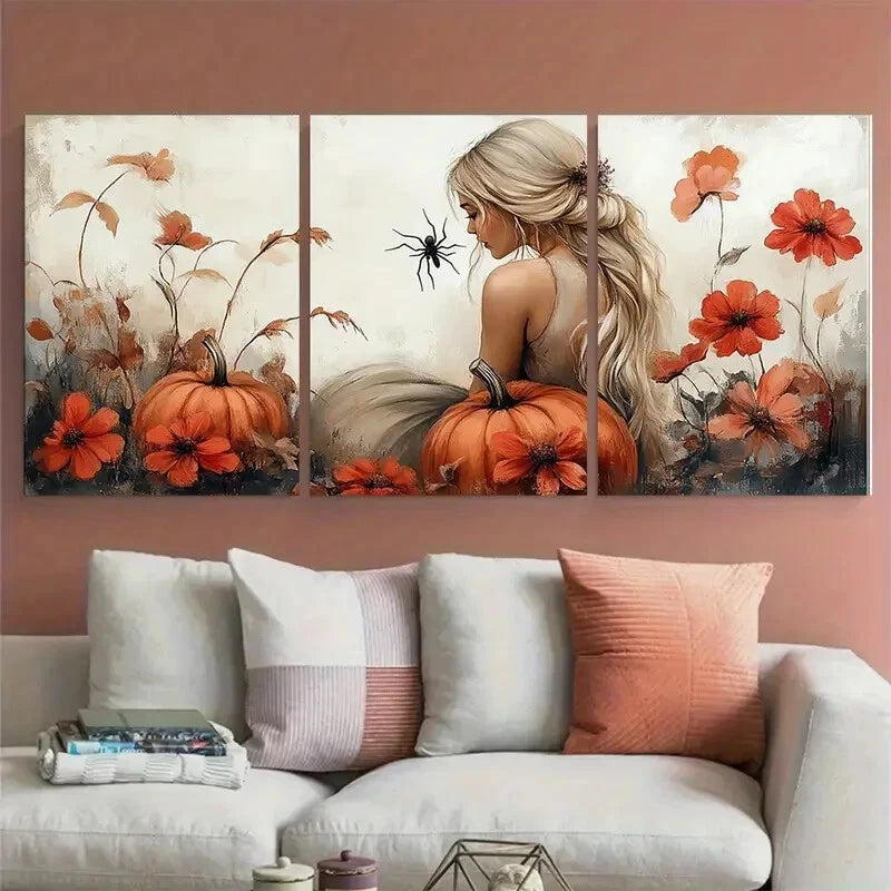 3pcs Autumn Floral Pumpkin Spider Women Metal Print Ready to Hang Art