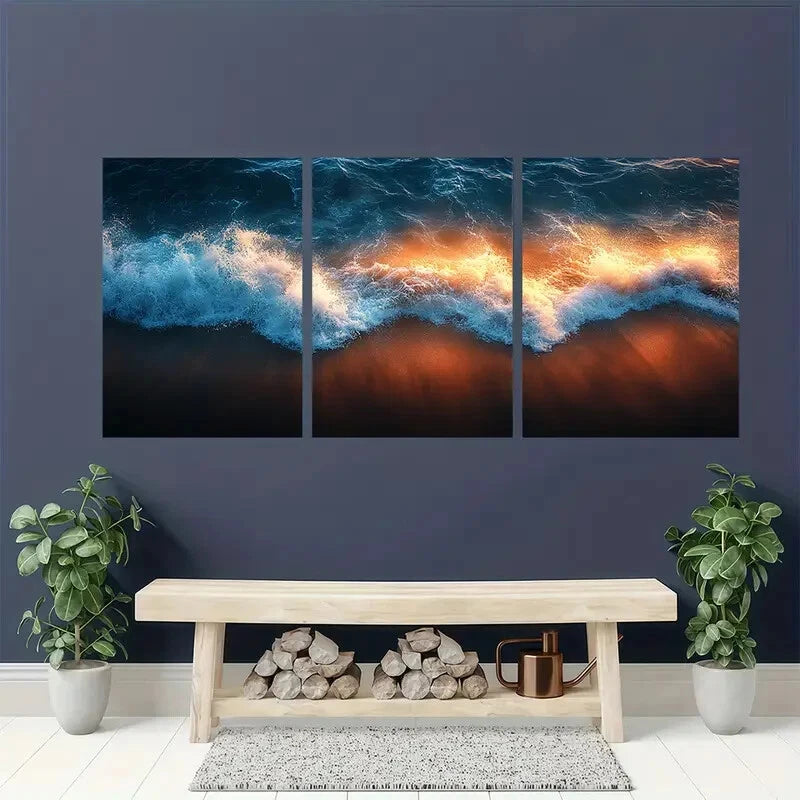 3pcs Ocean Wave Blue & Orange Tides Coastal Metal Print Ready to Hang Art