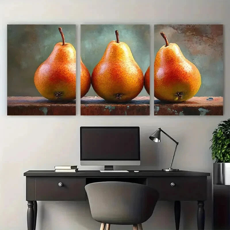 3pcs Vibrant Pears Fruit Illustration Metal Print Ready to Hang Art