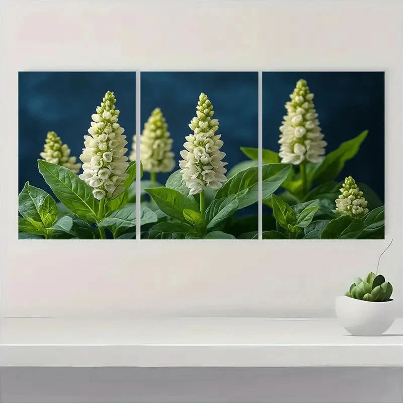 3pcs White Basil Flower Elegant Floral Spires Art Metal Print Ready to Hang Art