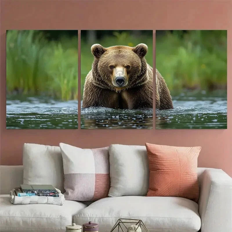 3pcs Humorous Brown Bear Lake Scene Metal Print Ready to Hang Art