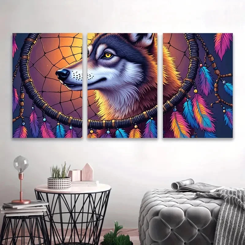 3pcs Wolf with Vibrant Feathers & Beads Metal Print Ready to Hang Art