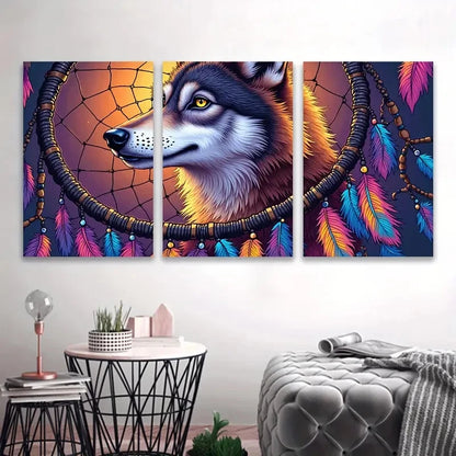 3pcs Wolf with Vibrant Feathers & Beads Metal Print Ready to Hang Art