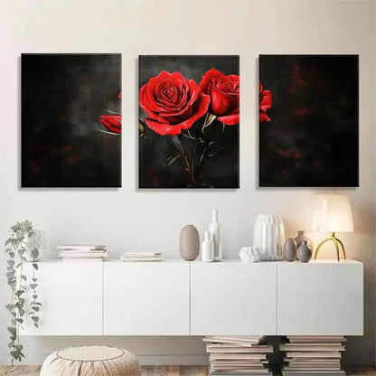 3pcs Botanical Dark Floral Red Rose Metal Print Ready to Hang Art