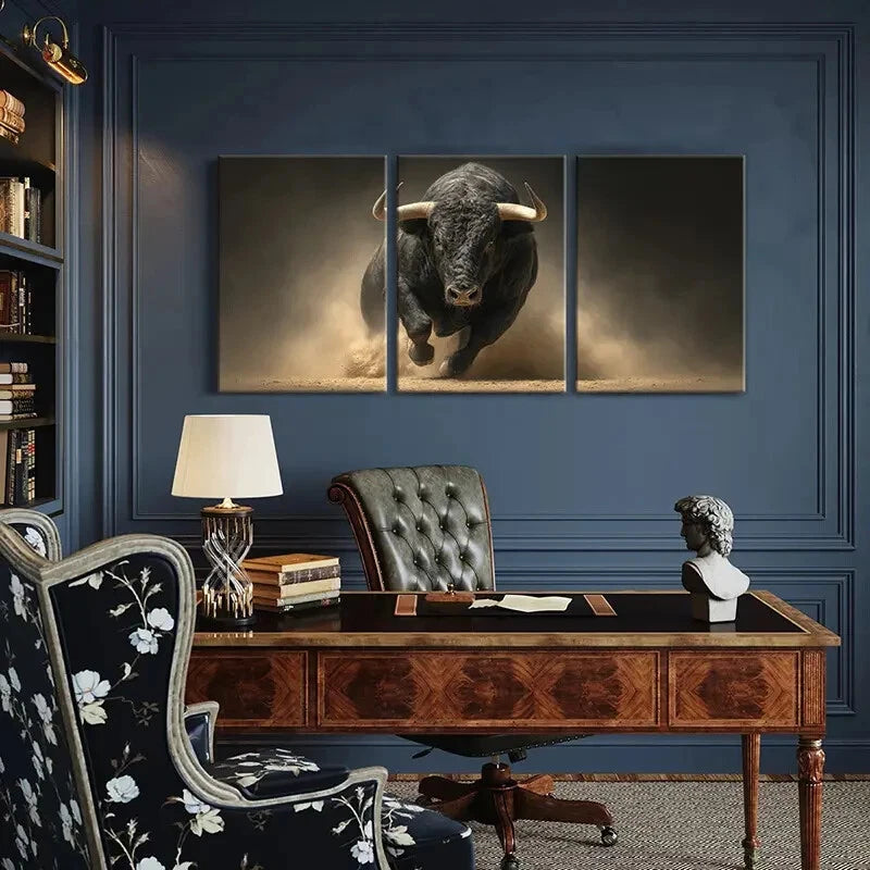 3pcs Black Bull Charge Dusty Arena Powerful Beast Metal Print Ready to Hang Art