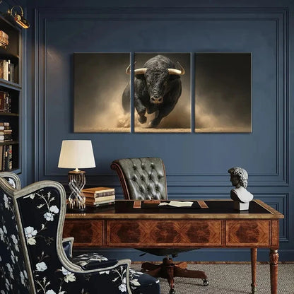 3pcs Black Bull Charge Dusty Arena Powerful Beast Metal Print Ready to Hang Art