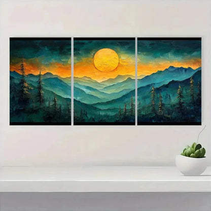 3pcs Vibrant Sunset Abstract Mountain Landscape Metal Print Ready to Hang Art