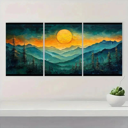 3pcs Vibrant Sunset Abstract Mountain Landscape Metal Print Ready to Hang Art
