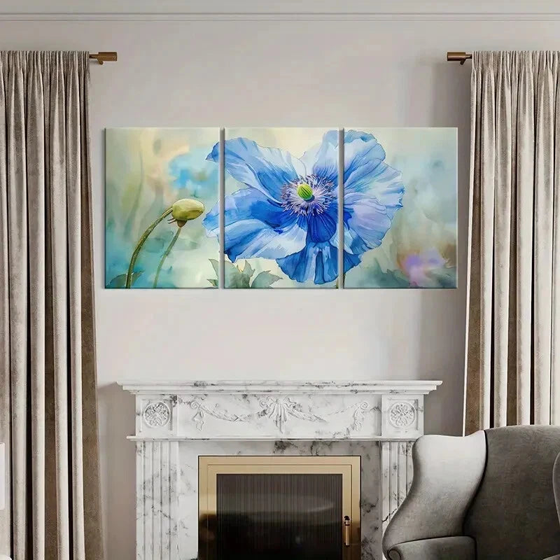 3pcs Blue Flower Art Watercolor Style Painting Metal Print Ready to Hang Art