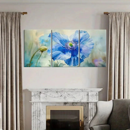 3pcs Blue Flower Art Watercolor Style Painting Metal Print Ready to Hang Art
