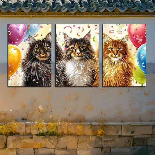 3pcs Vibrant Cats Celebration Illustration Metal Print Ready to Hang Art