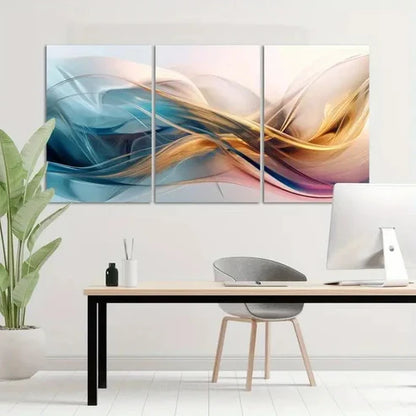 3pcs Abstract Wavy Multi-Panel Golden White Wall Art Set Canvas Unframed - High Quality Print 100% Australian Made Wall Canvas
