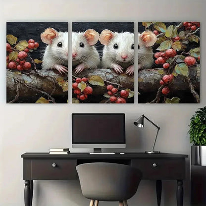 3pcs White Rats with Fruits Animal Illustration Metal Print Ready to Hang Art