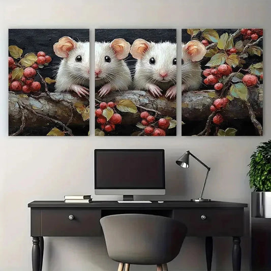 3pcs White Rats with Fruits Animal Illustration Metal Print Ready to Hang Art