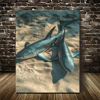 Realistic Shark Scene on Sandy Beach Painting 40x60cm Metal Print Ready to Hang