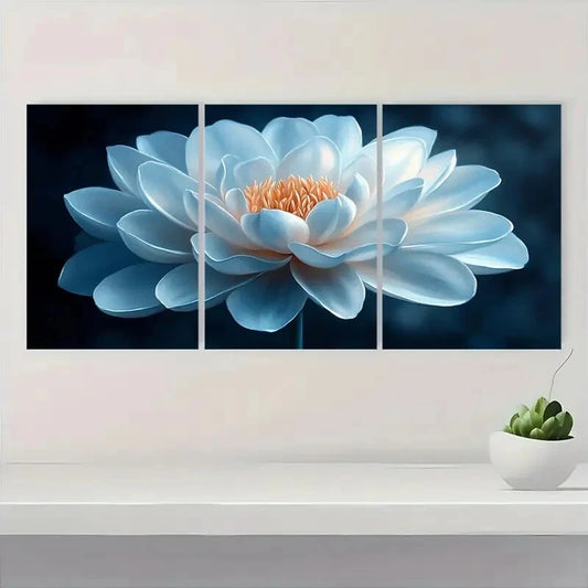 3pcs Elegant White Flower Blue & Golden Design Metal Print Ready to Hang Art