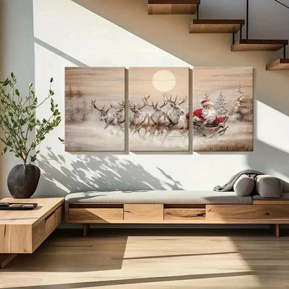 3pcs Santa Claus Reindeer Sleigh Moonlight Wall Art Set Canvas Framed 40x60cm - High Quality Print 100% Australian Made Wall Canvas Ready to Hang