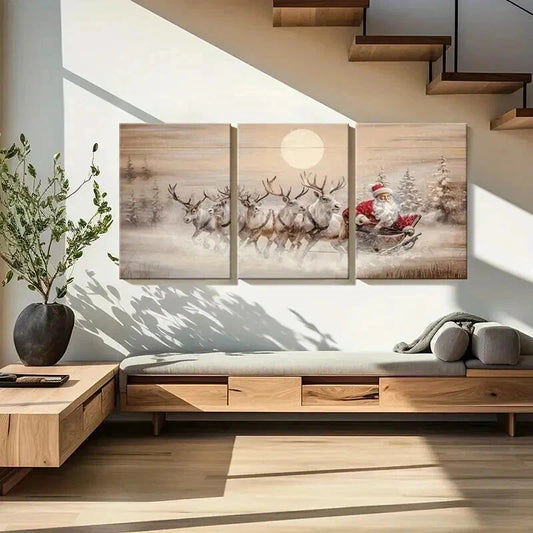 3pcs Santa Claus Reindeer Sleigh Moonlight Wall Art Set Canvas Framed 40x60cm - High Quality Print 100% Australian Made Wall Canvas Ready to Hang