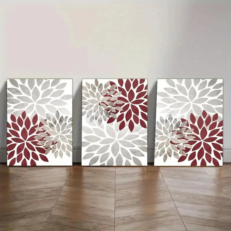 3pcs Burgundy Red Grey Farmhouse Wall Decor Metal Print Ready to Hang Art