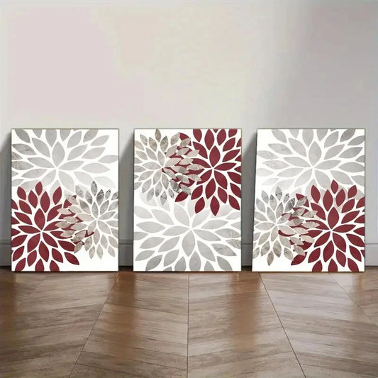 3pcs Burgundy Red Grey Farmhouse Wall Decor Metal Print Ready to Hang Art