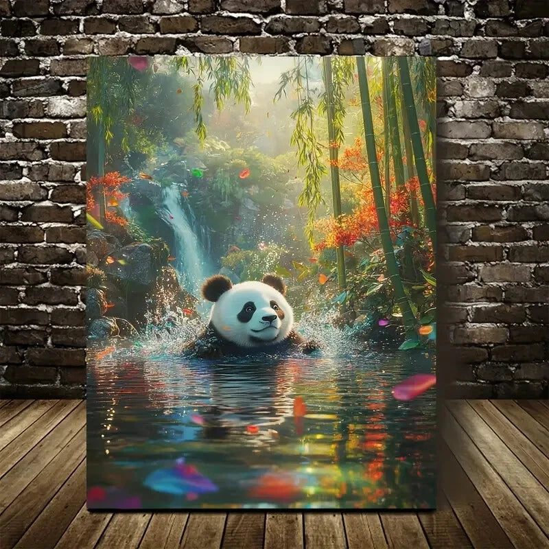 Colorful Bamboo Grove Scene with Water Splash Painting 40x60cm Metal Print Ready to Hang