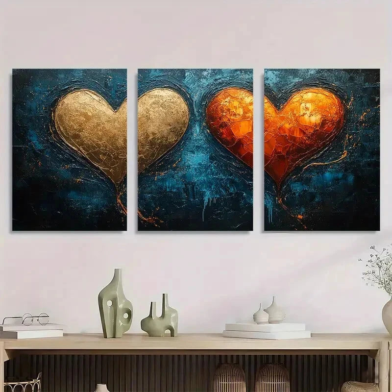 3pcs Two Heart Shaped Colourful Gold Red Metal Print Ready to Hang Art