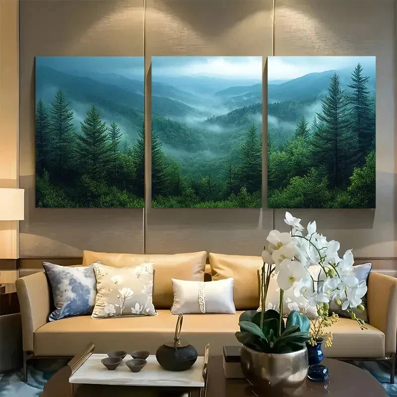 3pcs Great Smoky Mountains Evergreen Trees Foggy Metal Print Ready to Hang Art