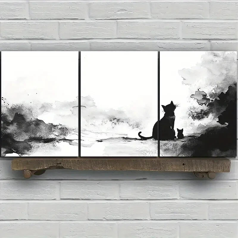 3pcs Ink Wash Animals Black & White Metal Print Ready to Hang Art